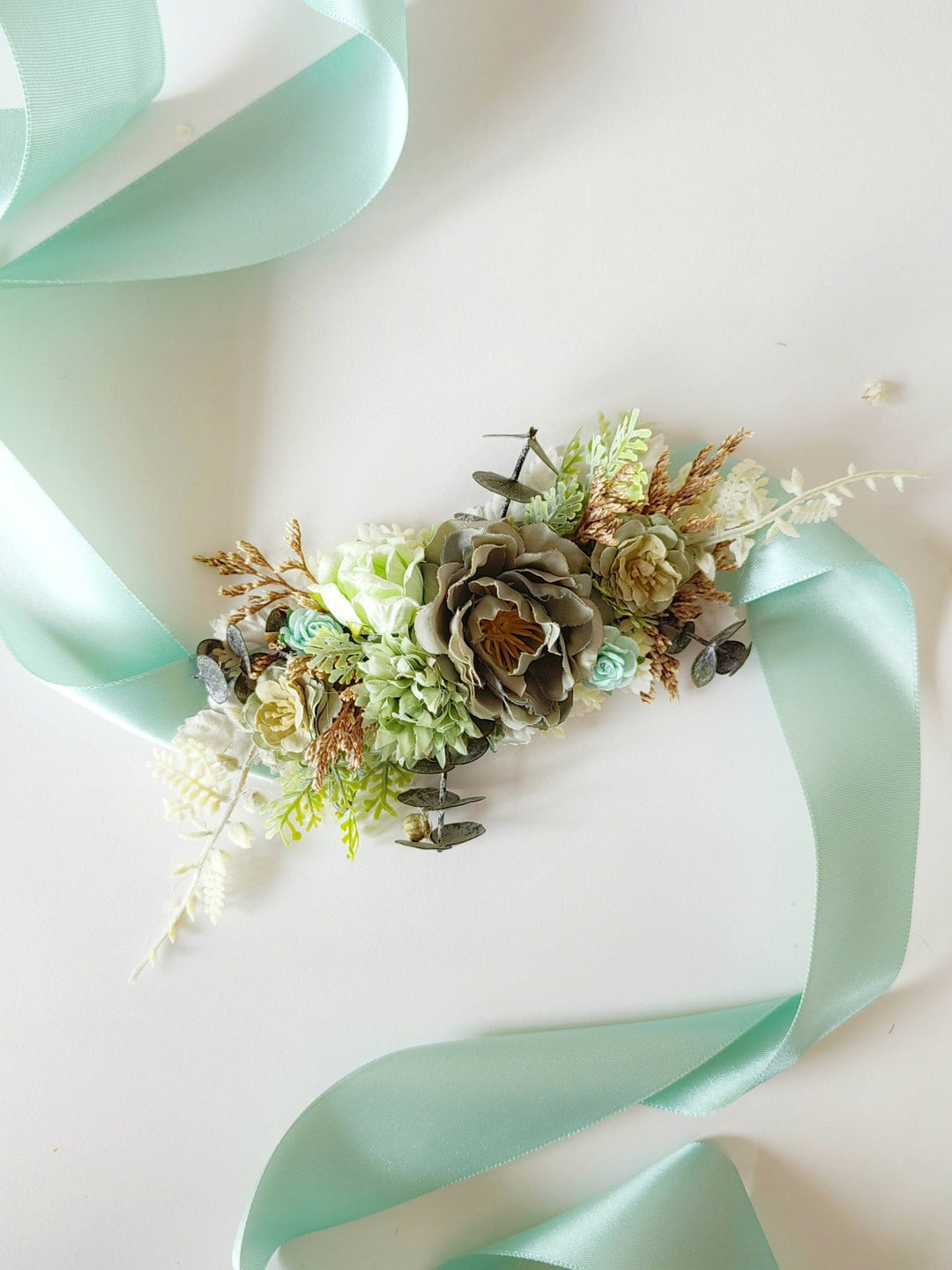 Mint Green Flower Belt: Boho Bridal Dress, Summer Festivals – handmade floral hair accessory by magaela
