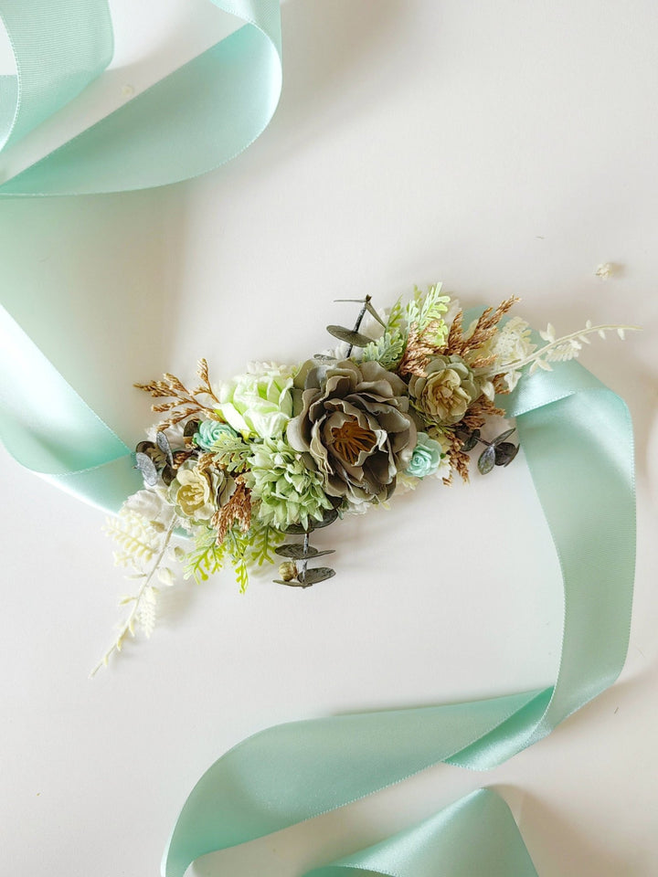 Mint Green Flower Belt: Boho Bridal Dress, Summer Festivals – handmade floral hair accessory by magaela