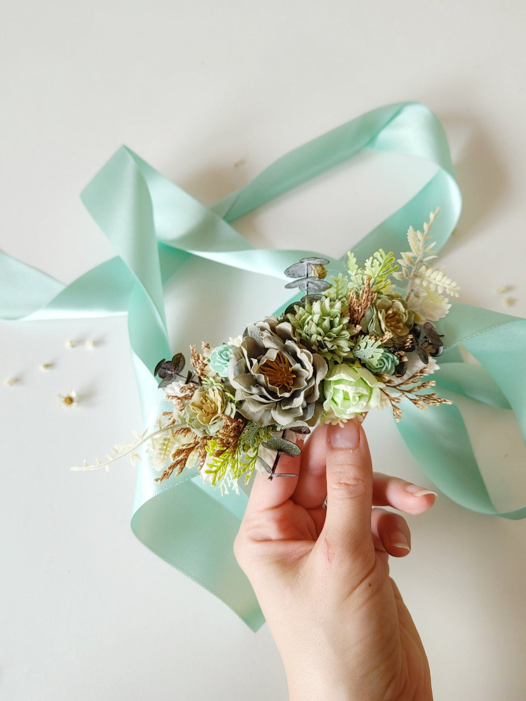 Mint Green Flower Belt: Boho Bridal Dress, Summer Festivals – handmade floral hair accessory by magaela