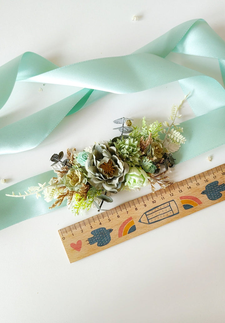 Mint Green Flower Belt: Boho Bridal Dress, Summer Festivals – handmade floral hair accessory by magaela