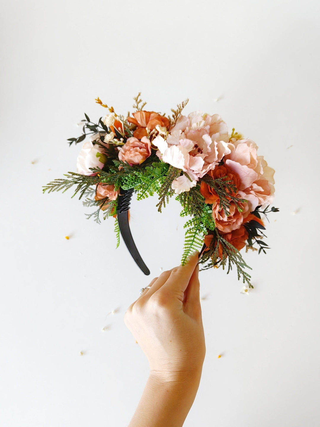 Terracotta Frida flower headband: Orange wedding hairband – handmade floral hair accessory by magaela