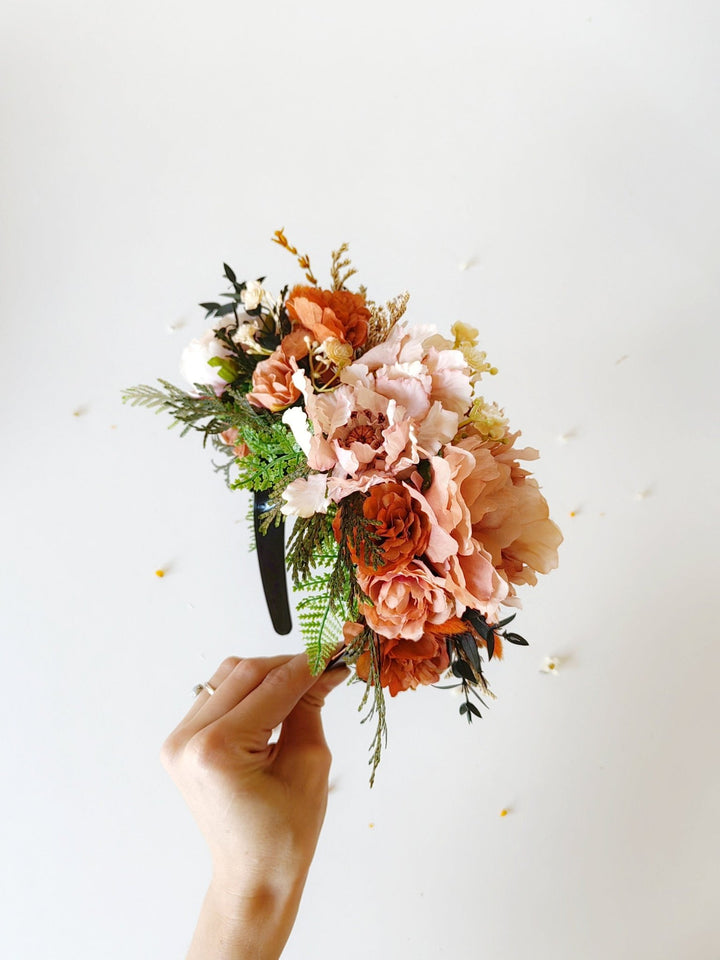Terracotta Frida flower headband: Orange wedding hairband – handmade floral hair accessory by magaela