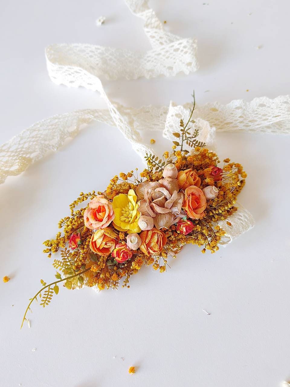 Autumn Flower Bridal Belt: Blush, Orange & Yellow Boho Wedding – handmade floral hair accessory by magaela