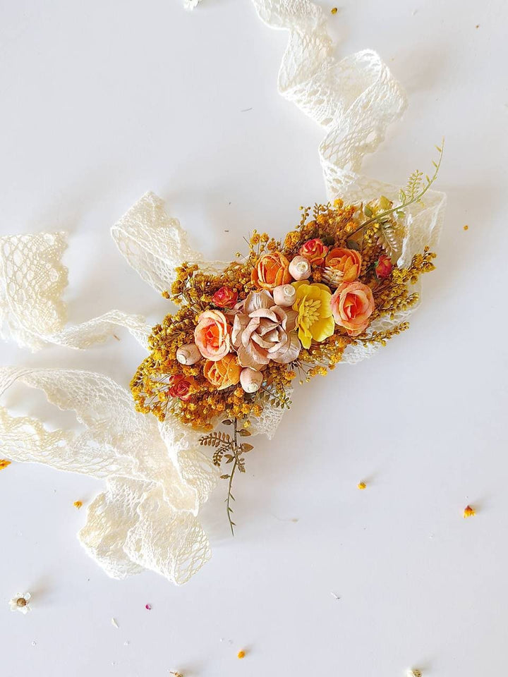 Autumn Flower Bridal Belt: Blush, Orange & Yellow Boho Wedding – handmade floral hair accessory by magaela