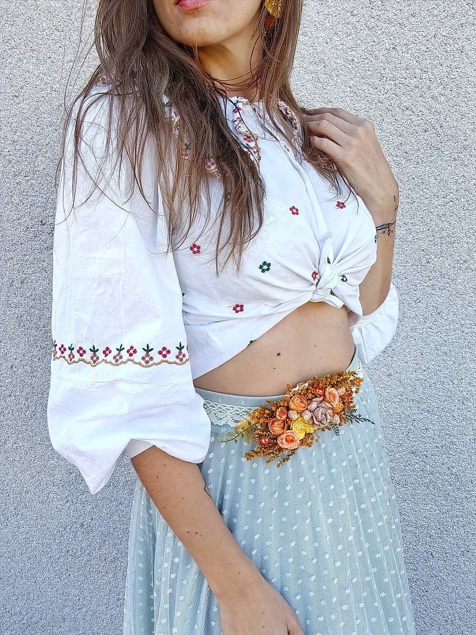 Autumn Flower Bridal Belt: Blush, Orange & Yellow Boho Wedding – handmade floral hair accessory by magaela