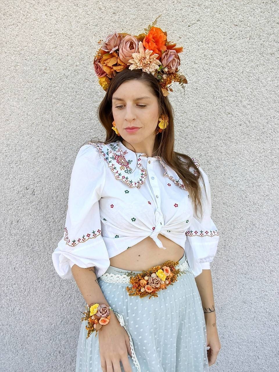 Autumn Flower Bridal Belt: Blush, Orange & Yellow Boho Wedding – handmade floral hair accessory by magaela