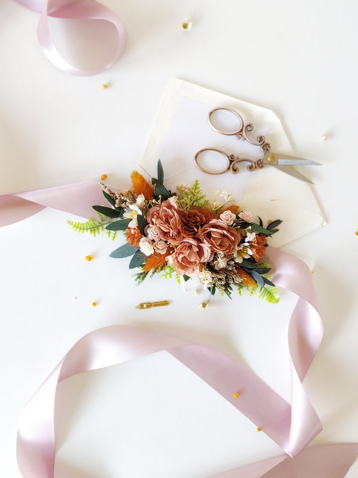 Terracotta Flower Belt: Autumn Wedding Bridal Dress Belt – handmade floral hair accessory by magaela