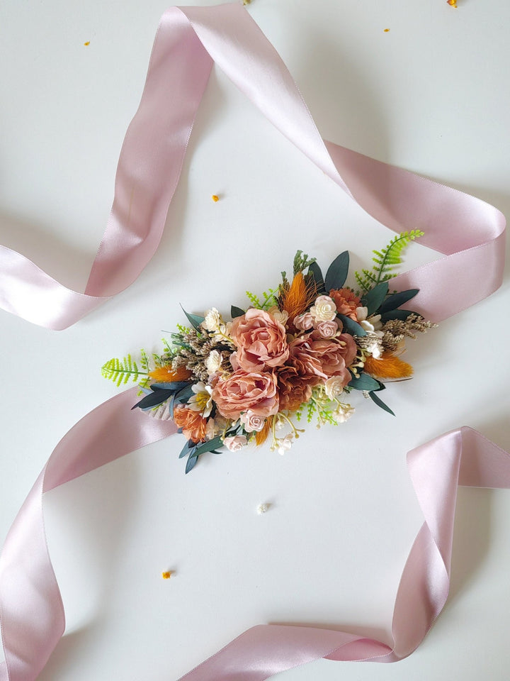 Terracotta Flower Belt: Autumn Wedding Bridal Dress Belt – handmade floral hair accessory by magaela