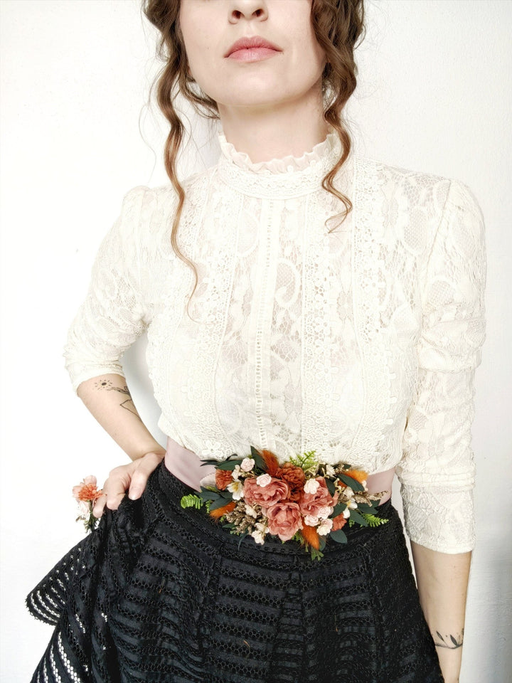 Terracotta Flower Belt: Autumn Wedding Bridal Dress Belt – handmade floral hair accessory by magaela