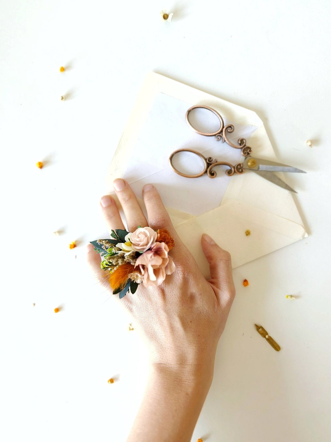 Terracotta Flower Ring: Boho Floral Jewelry, Adjustable Band – handmade floral hair accessory by magaela