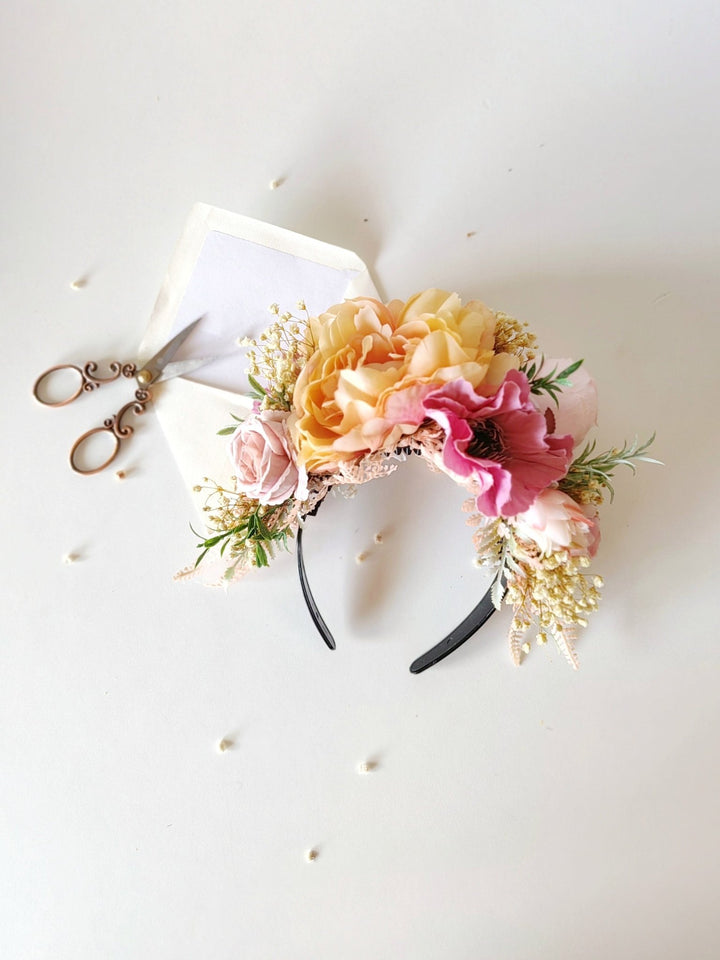 Peach fuzz and pink FRIDA headband: Double sided headband Magaela – handmade floral hair accessory by magaela