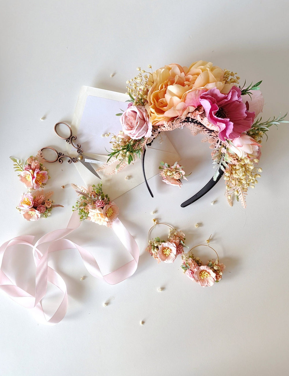Peach Fuzz Frida Flower Headband: Double Sided Floral Crown – handmade floral hair accessory by magaela