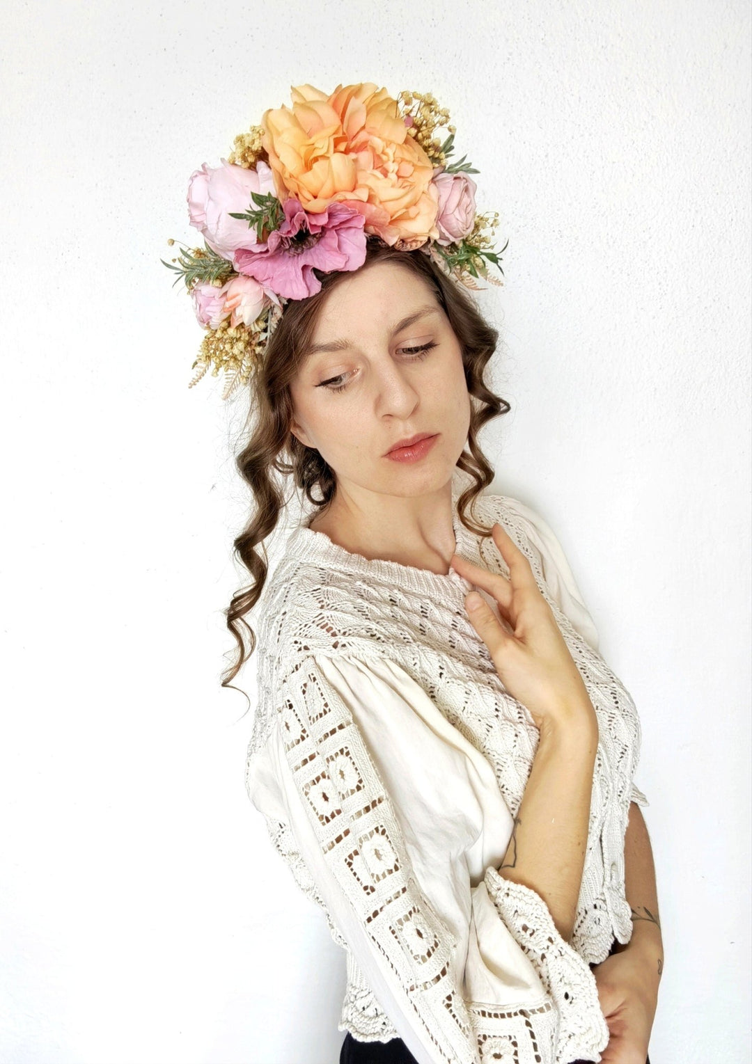 Peach Fuzz Frida Flower Headband: Double Sided Floral Crown – handmade floral hair accessory by magaela