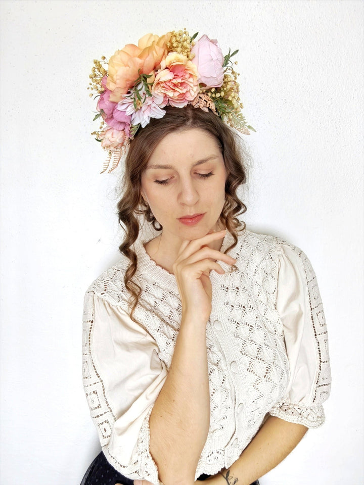 Peach Fuzz Frida Flower Headband: Double Sided Floral Crown – handmade floral hair accessory by magaela