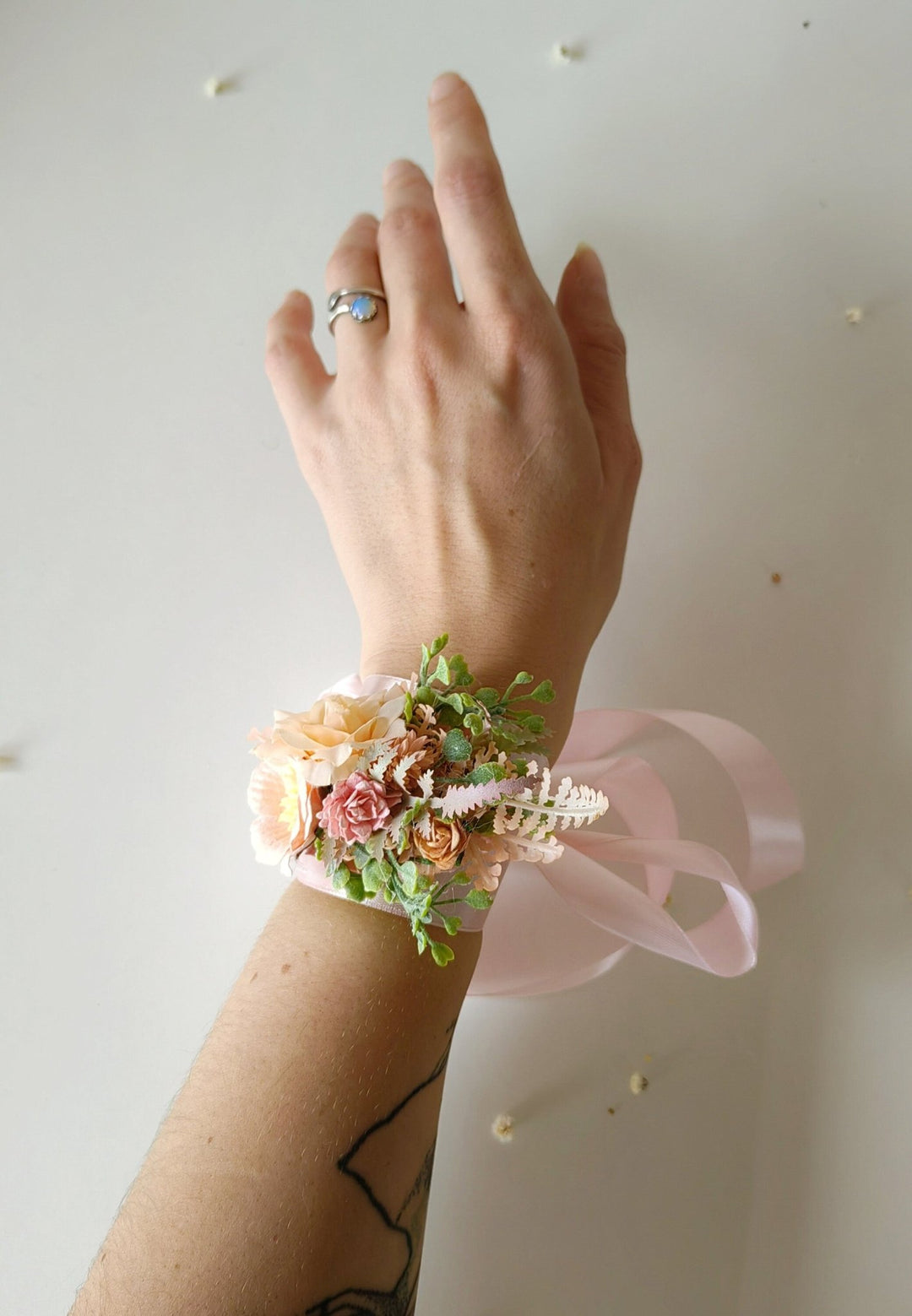 Peach Fuzz Flower Bracelet: Romantic Wedding Wrist Corsage – handmade floral hair accessory by magaela