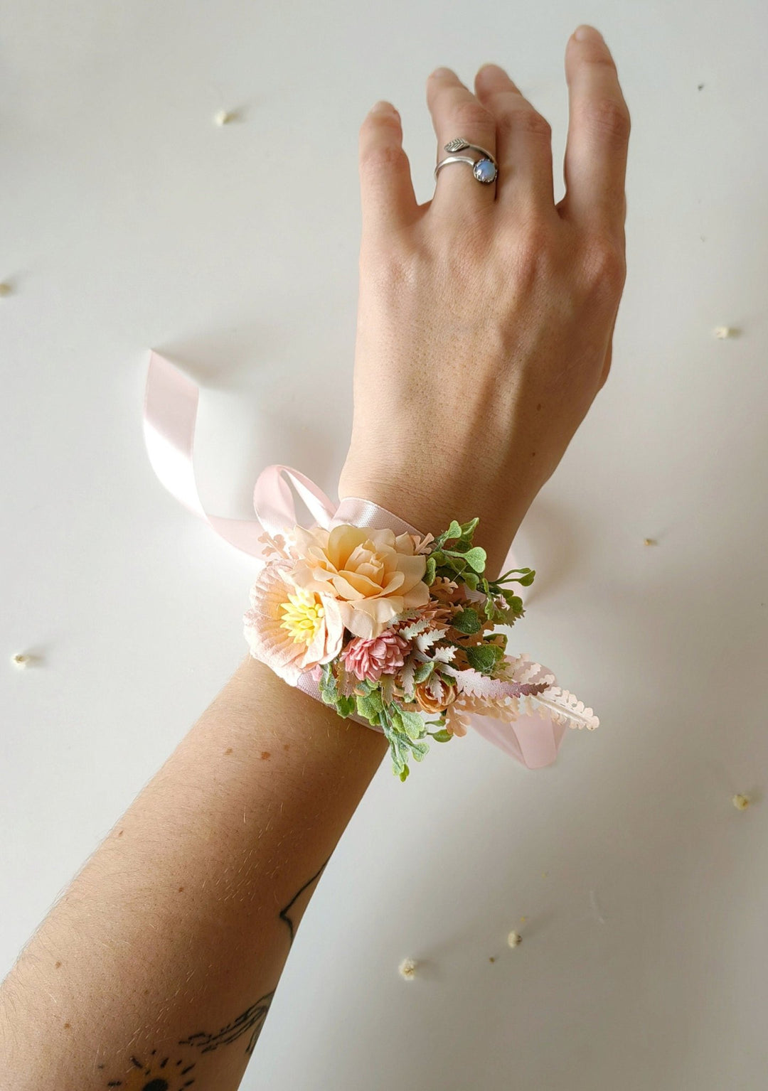 Peach Fuzz Flower Bracelet: Romantic Wedding Wrist Corsage – handmade floral hair accessory by magaela