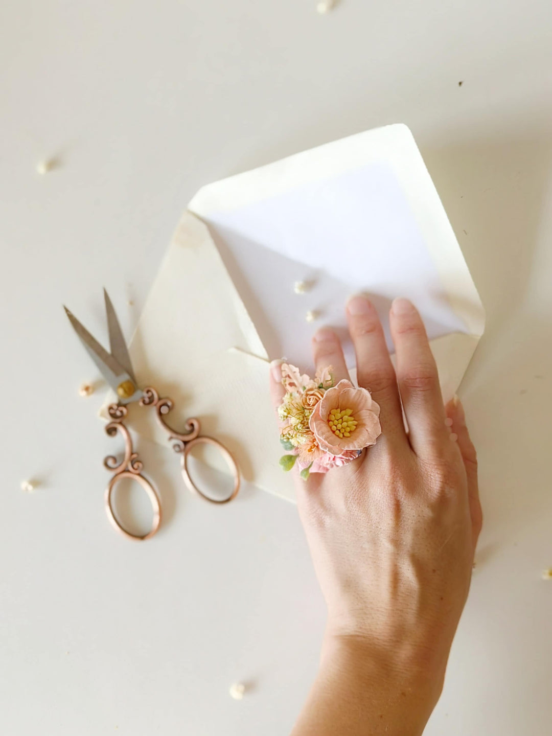 Pastel Peach Flower Ring: Boho Wedding Jewelry – handmade floral hair accessory by magaela
