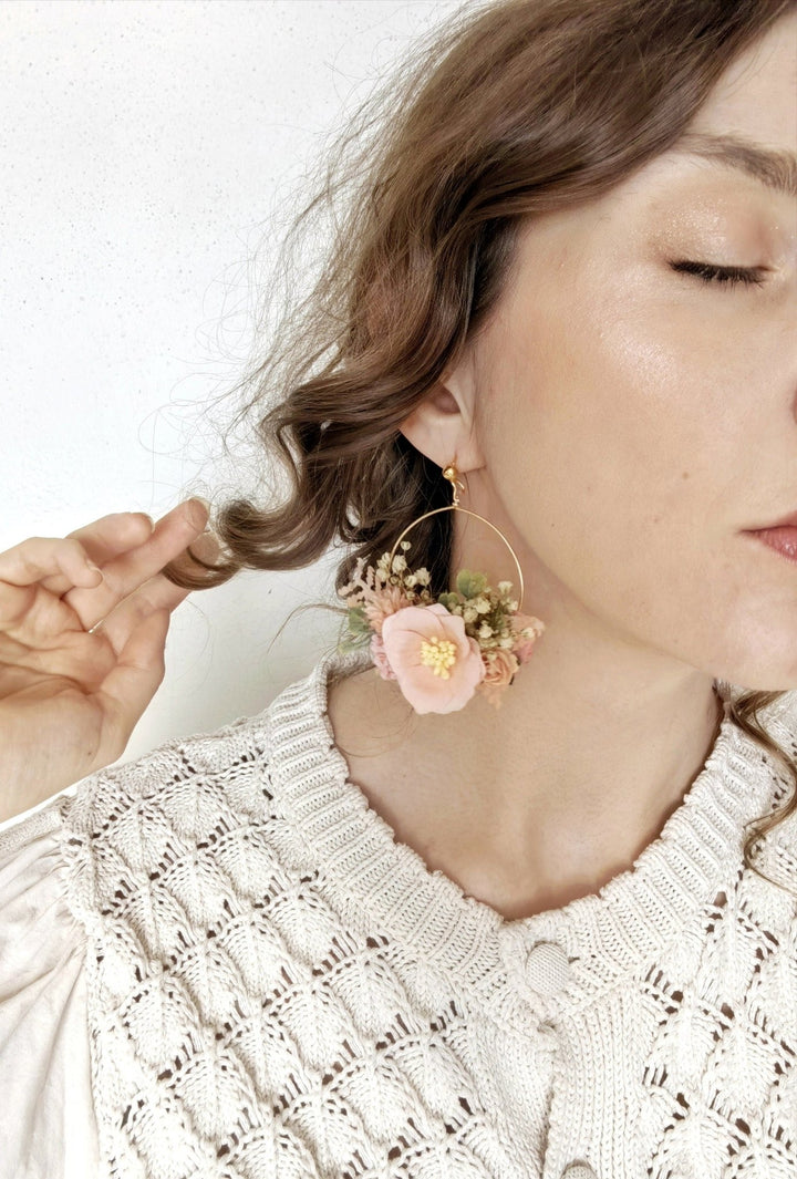 Peach Fuzz Flower Earrings: Circle Wedding Jewelry – handmade floral hair accessory by magaela