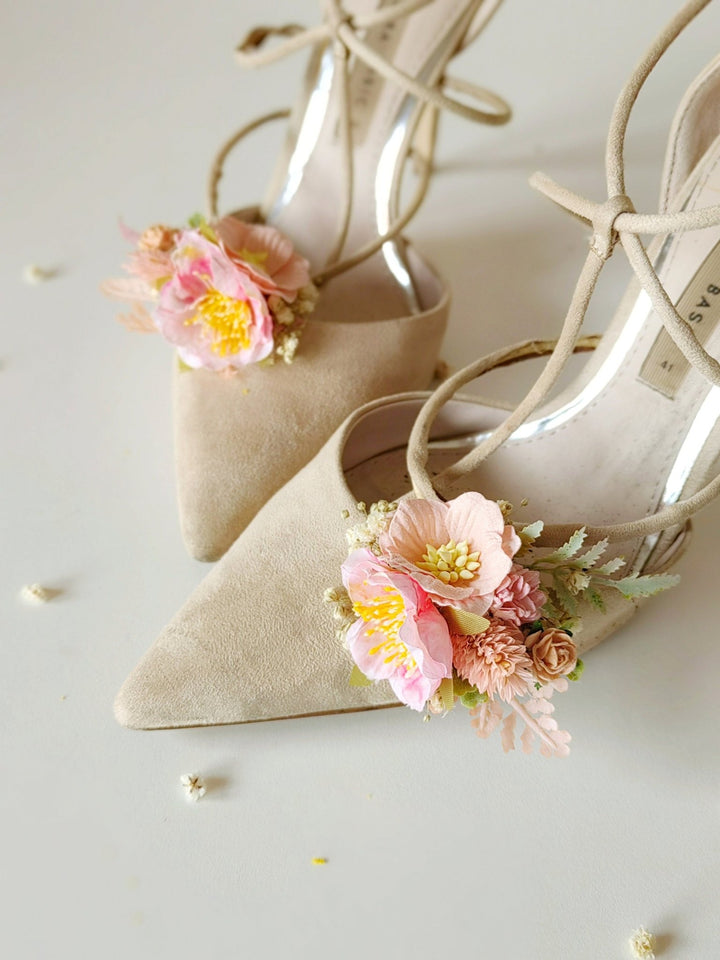 Peach & Pink Flower Shoe Clips: Romantic Bridal Accessory – handmade floral hair accessory by magaela