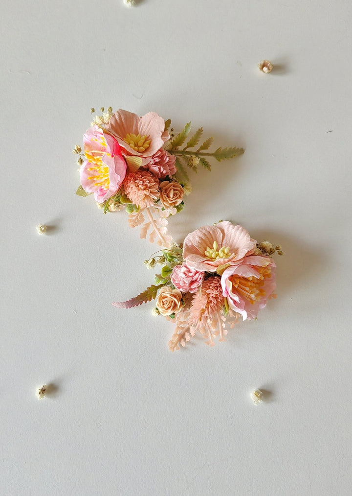 Peach & Pink Flower Shoe Clips: Romantic Bridal Accessory – handmade floral hair accessory by magaela