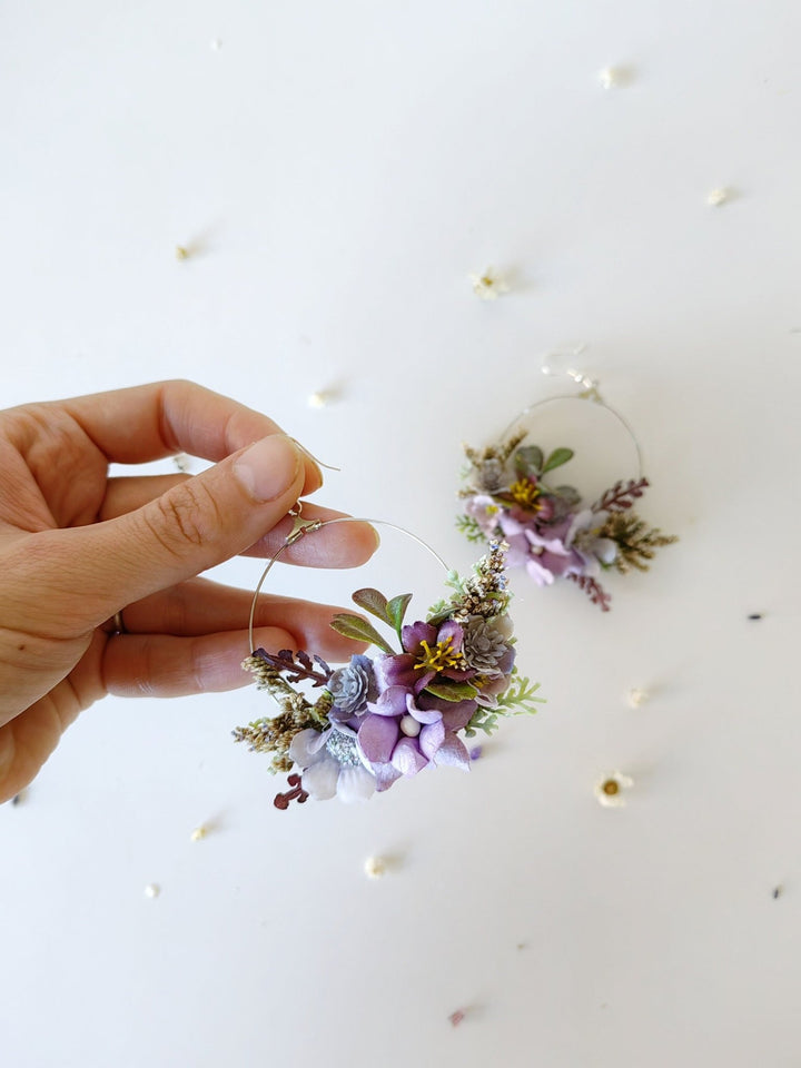 Purple Flower Circle Earrings: Bridal Wedding Jewelry – handmade floral hair accessory by magaela