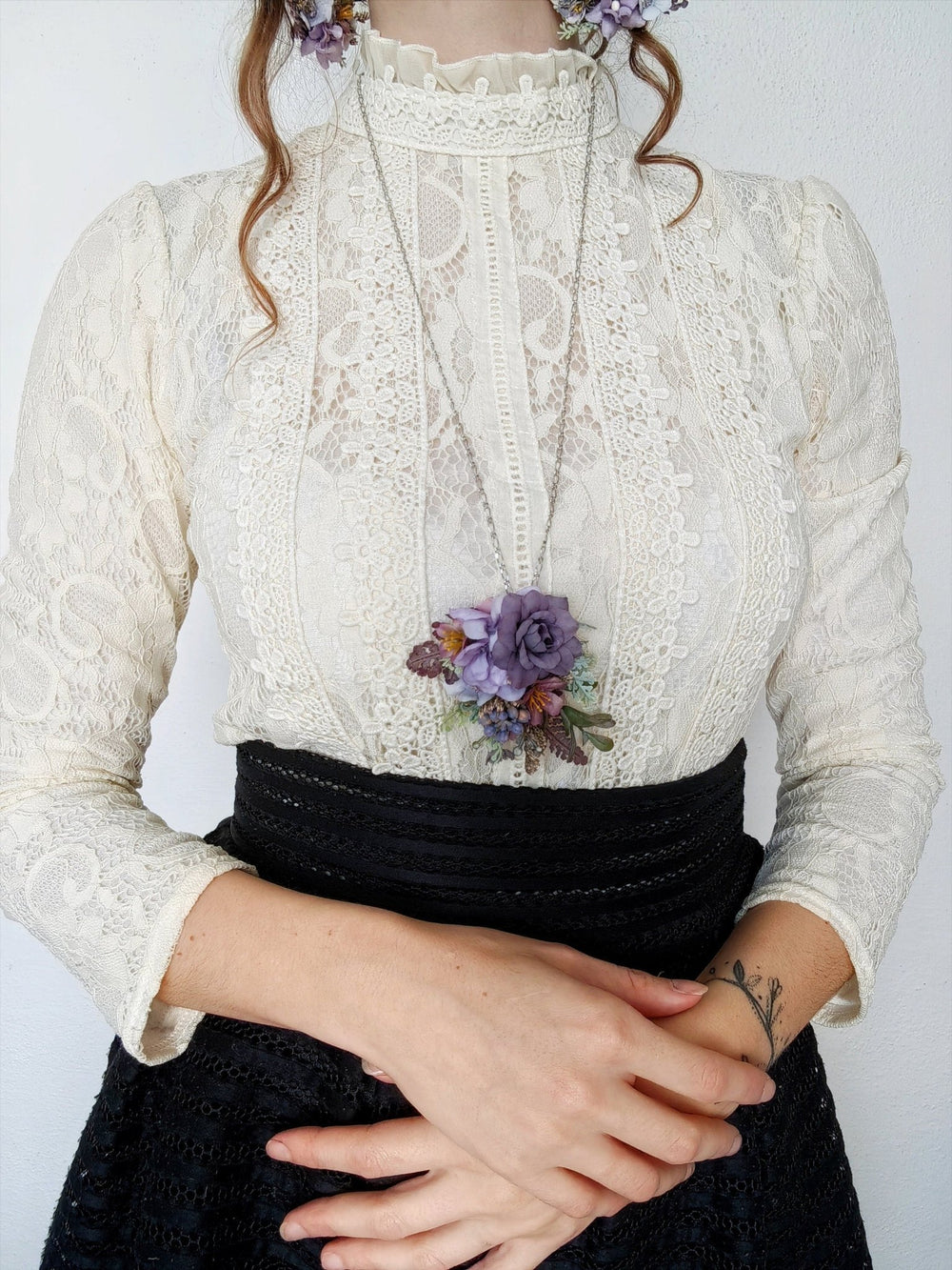 Purple Flower Necklace: Long Violet Pendant, Bridal Jewelry – handmade floral hair accessory by magaela