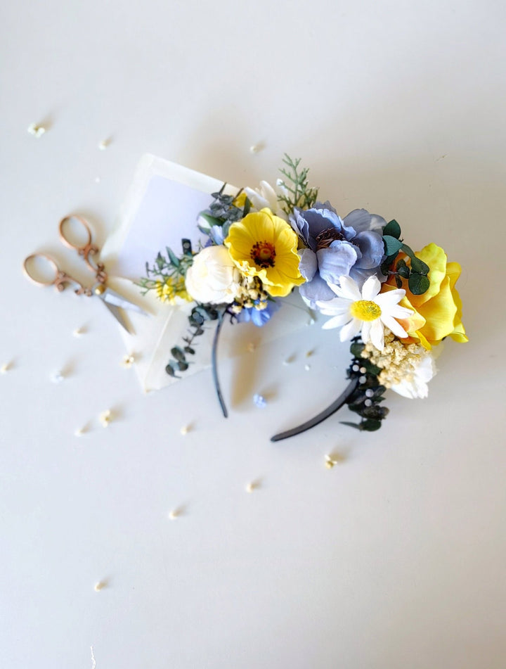 Frida Flower Crown Headband: Daisy Anemone, Reversible Summer Meadow – handmade floral hair accessory by magaela