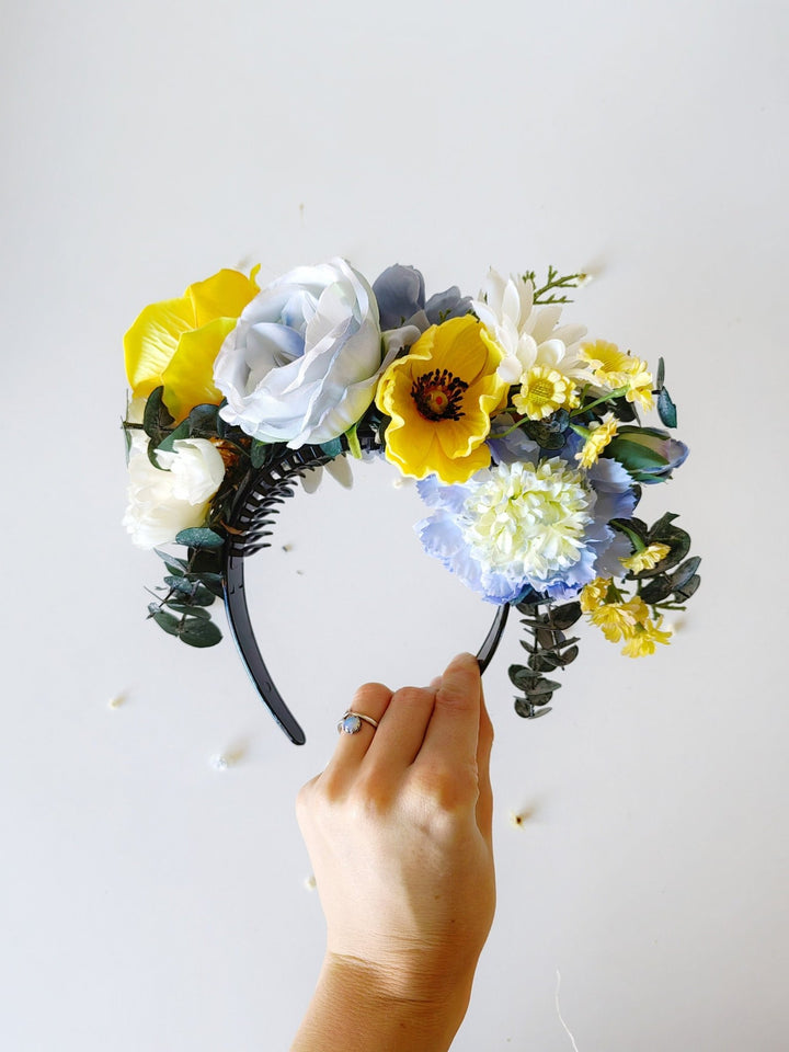 Frida Flower Crown Headband: Daisy Anemone, Reversible Summer Meadow – handmade floral hair accessory by magaela