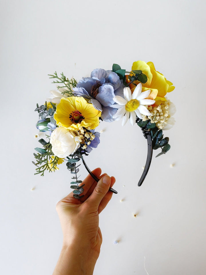 Frida Flower Crown Headband: Daisy Anemone, Reversible Summer Meadow – handmade floral hair accessory by magaela