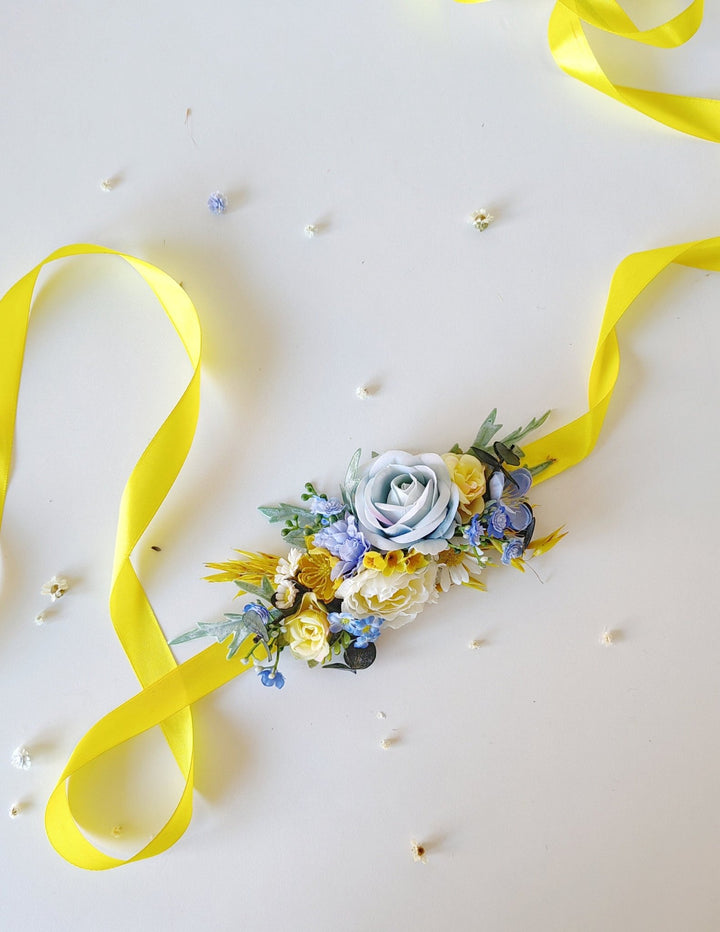Yellow & Blue Flower Belt: Boho Bridal Dress Floral Accessory – handmade floral hair accessory by magaela