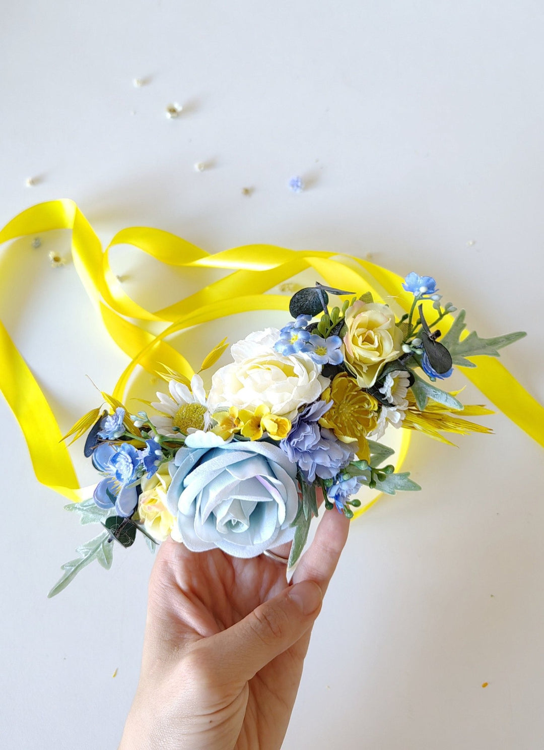 Yellow & Blue Flower Belt: Boho Bridal Dress Floral Accessory – handmade floral hair accessory by magaela