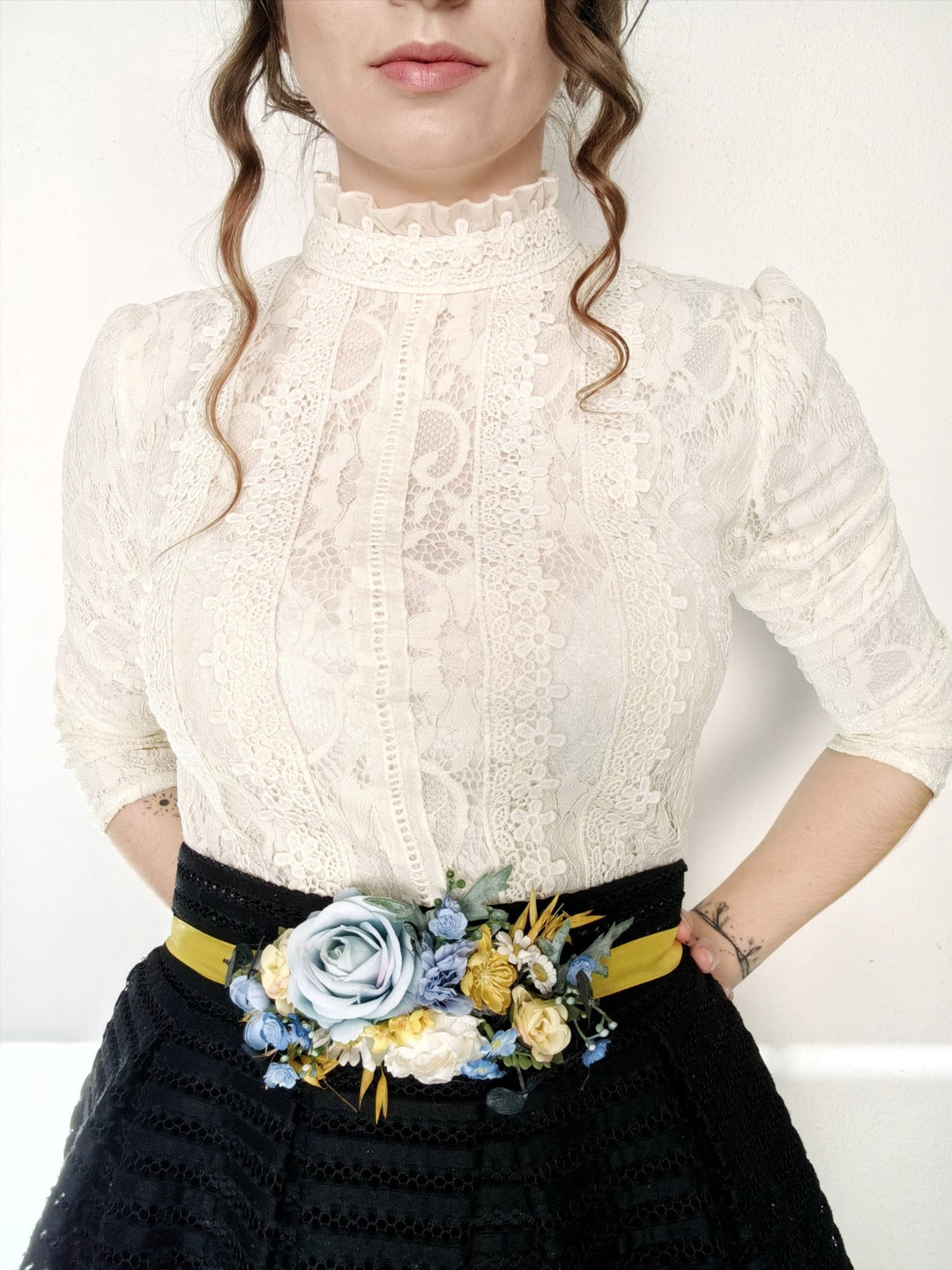 Yellow & Blue Flower Belt: Boho Bridal Dress Floral Accessory – handmade floral hair accessory by magaela