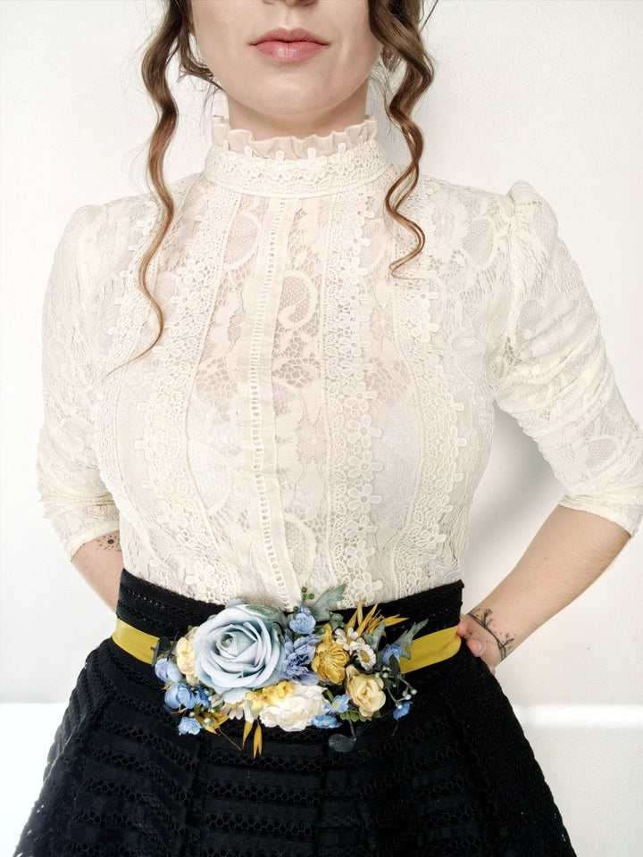 Yellow & Blue Flower Belt: Boho Bridal Dress Floral Accessory – handmade floral hair accessory by magaela
