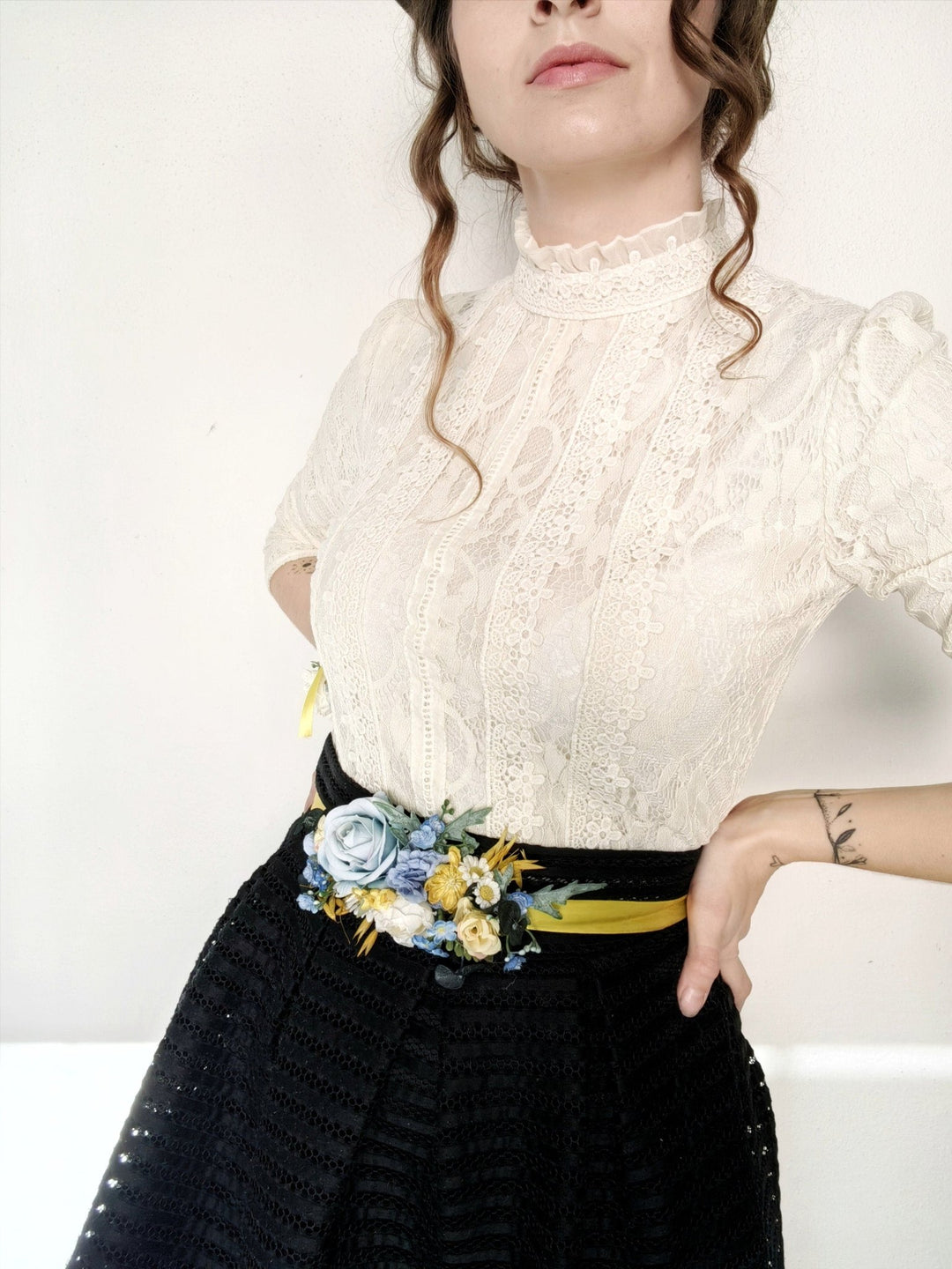 Yellow & Blue Flower Belt: Boho Bridal Dress Floral Accessory – handmade floral hair accessory by magaela