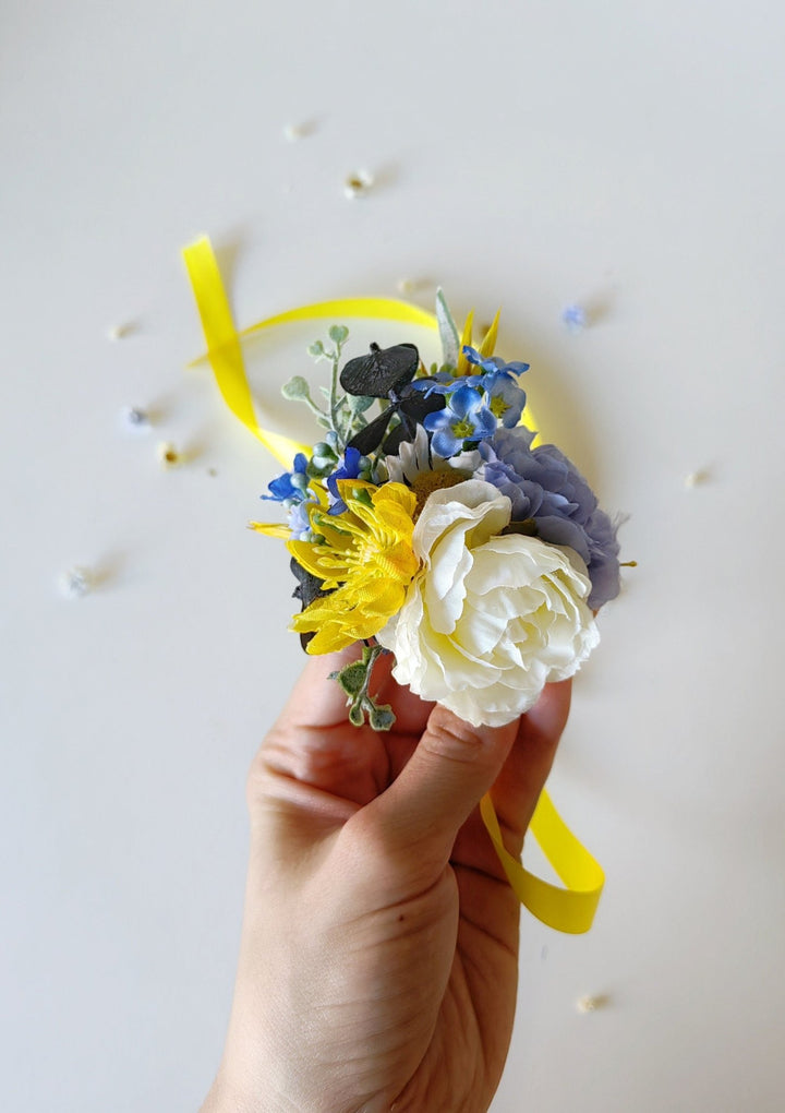 Yellow & Blue Flower Bracelet: Romantic Wedding Wrist Corsage – handmade floral hair accessory by magaela