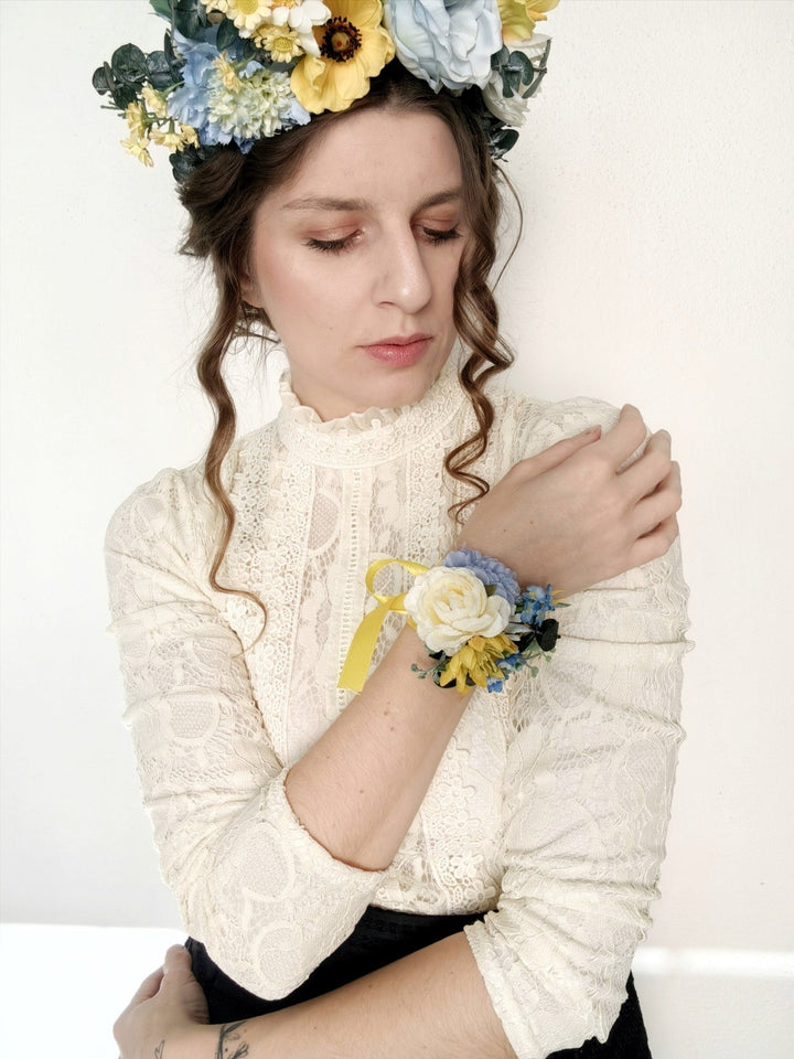Yellow & Blue Flower Bracelet: Romantic Wedding Wrist Corsage – handmade floral hair accessory by magaela