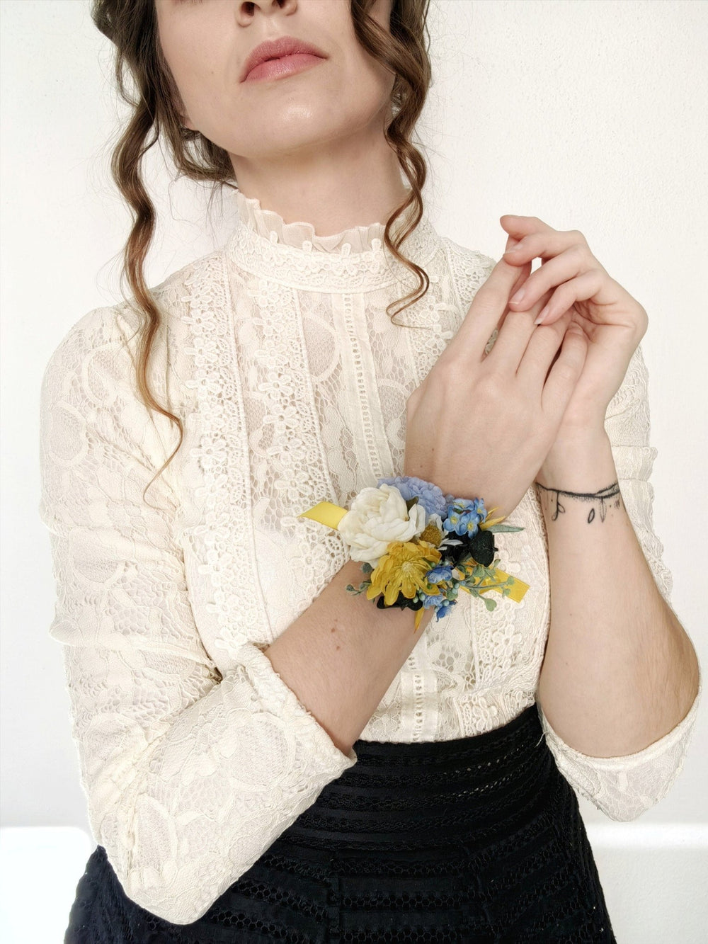 Yellow & Blue Flower Bracelet: Romantic Wedding Wrist Corsage – handmade floral hair accessory by magaela