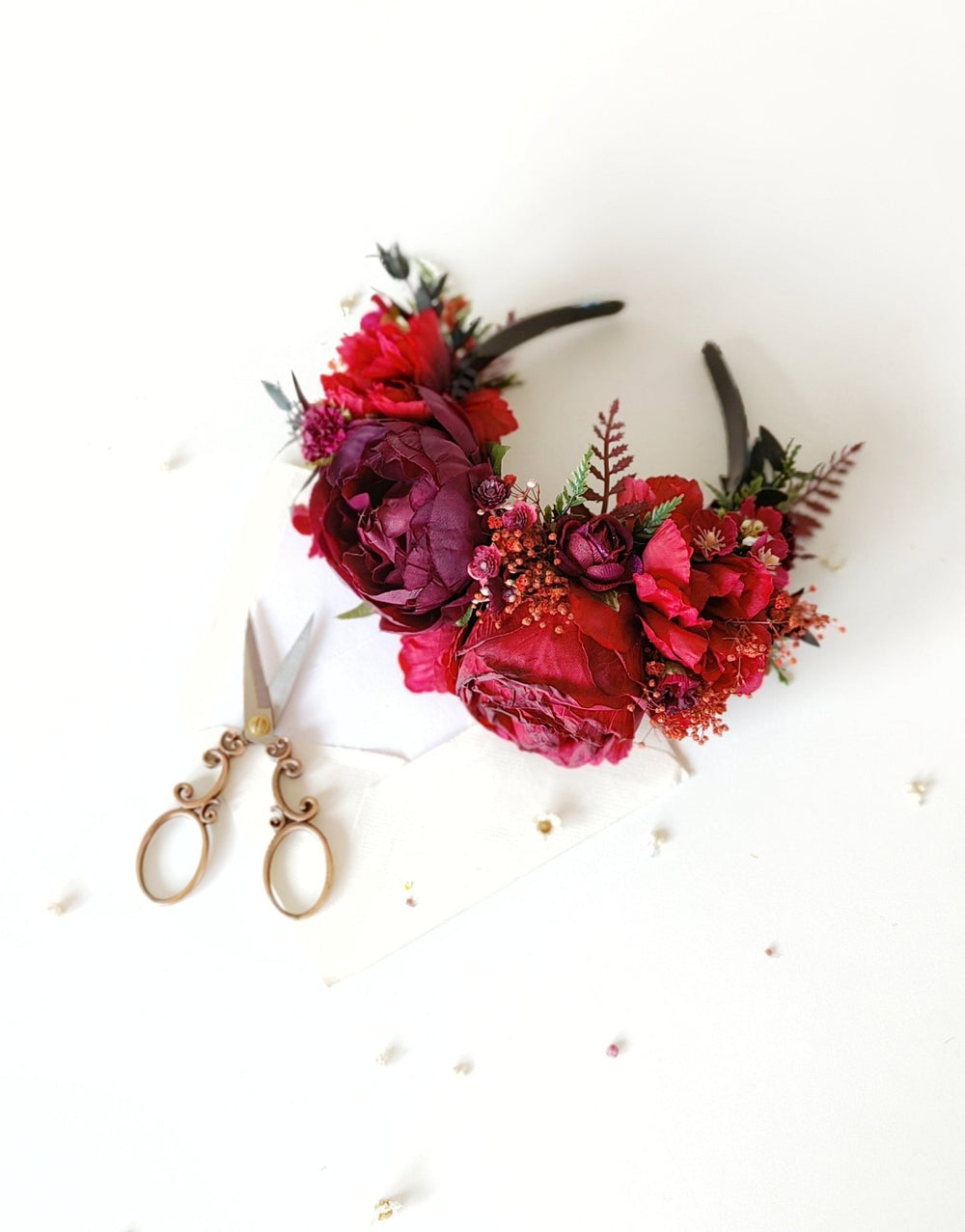 Burgundy Frida Flower Crown Headband: Autumn Wedding, Double - Sided – handmade floral hair accessory by magaela