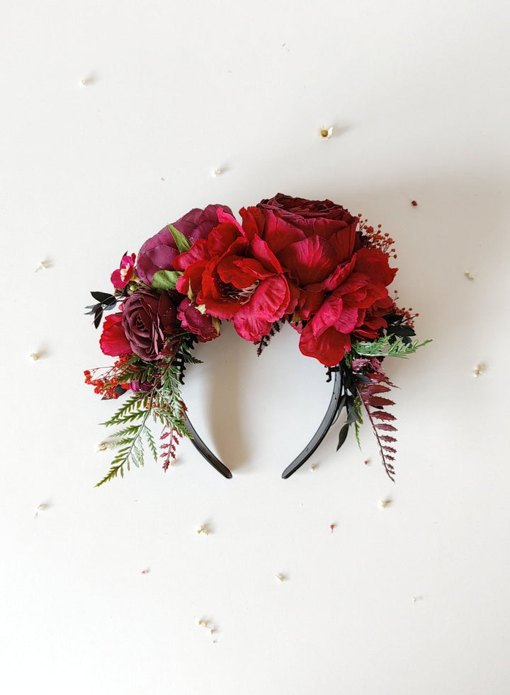 Burgundy Frida Flower Crown Headband: Autumn Wedding, Double - Sided – handmade floral hair accessory by magaela