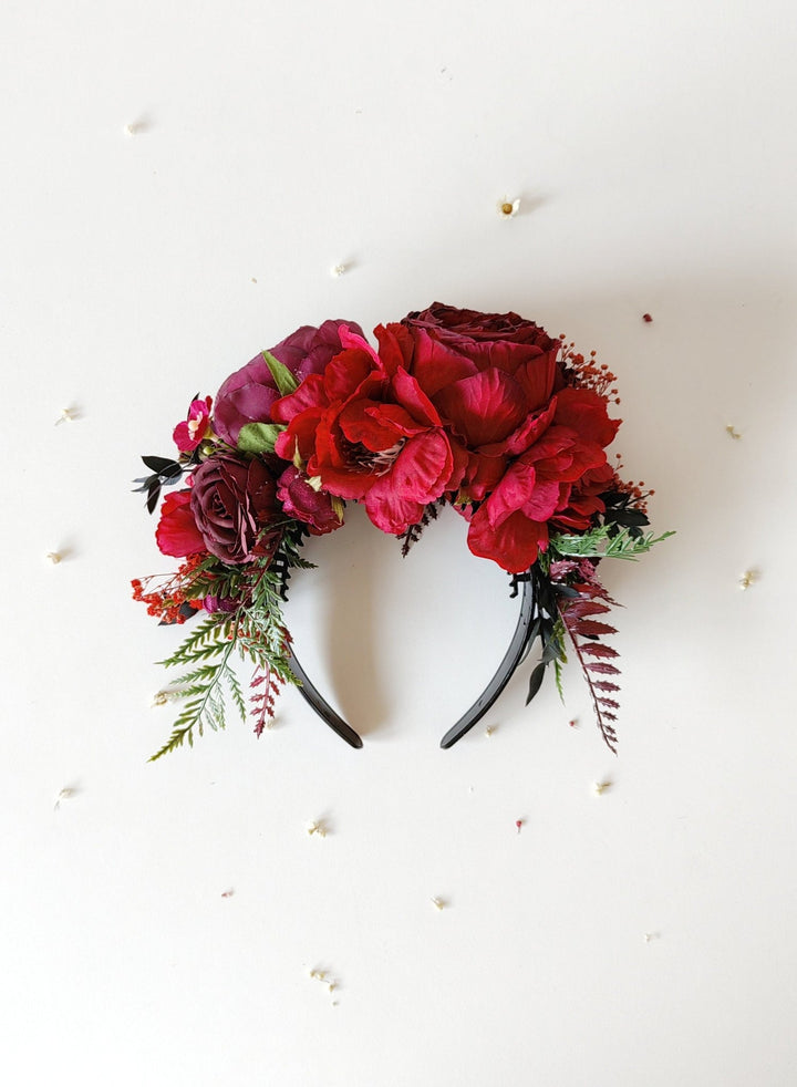 Burgundy Frida Flower Crown Headband: Double Sided Autumn Wedding Accessory – handmade floral hair accessory by magaela
