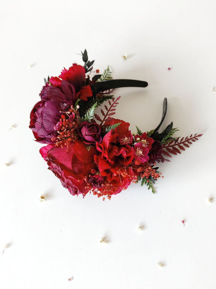 Burgundy Frida Flower Crown Headband: Double Sided Autumn Wedding Accessory – handmade floral hair accessory by magaela