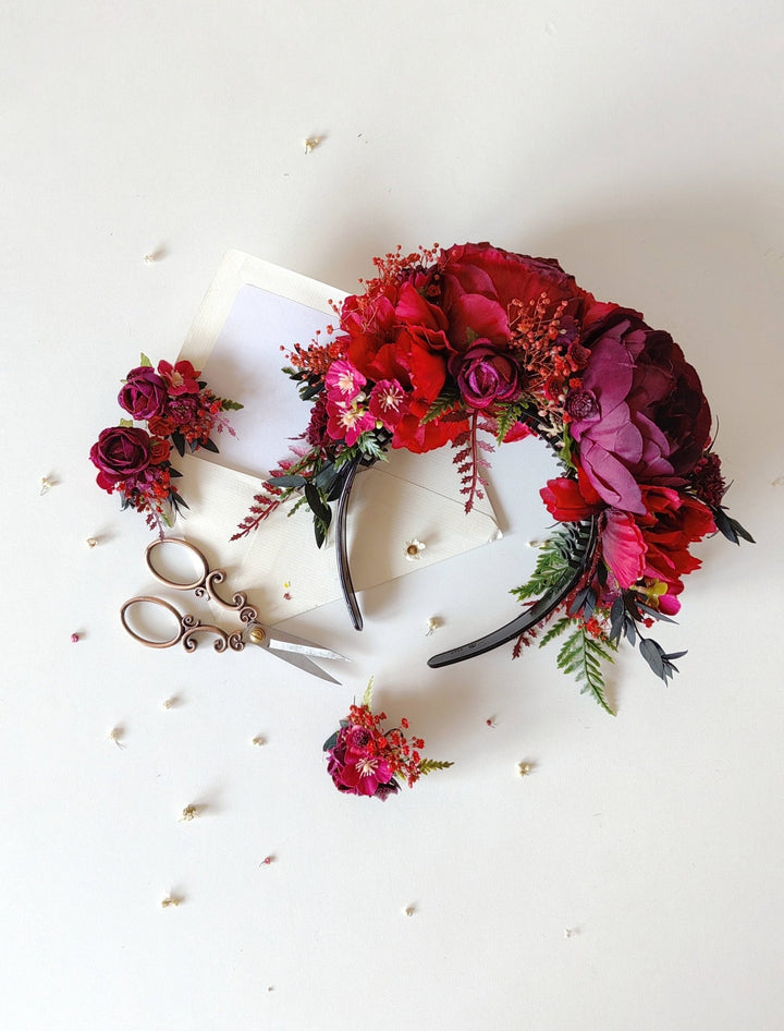 Burgundy Frida Flower Crown Headband: Autumn Wedding, Double - Sided – handmade floral hair accessory by magaela