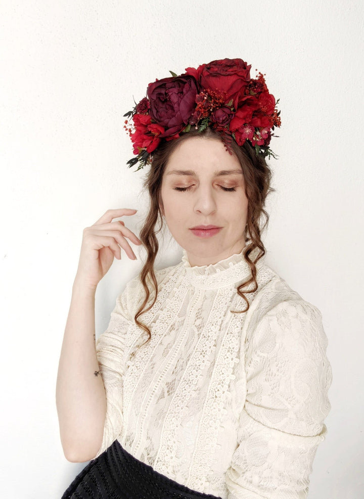 Burgundy Frida Flower Crown Headband: Autumn Wedding, Double - Sided – handmade floral hair accessory by magaela