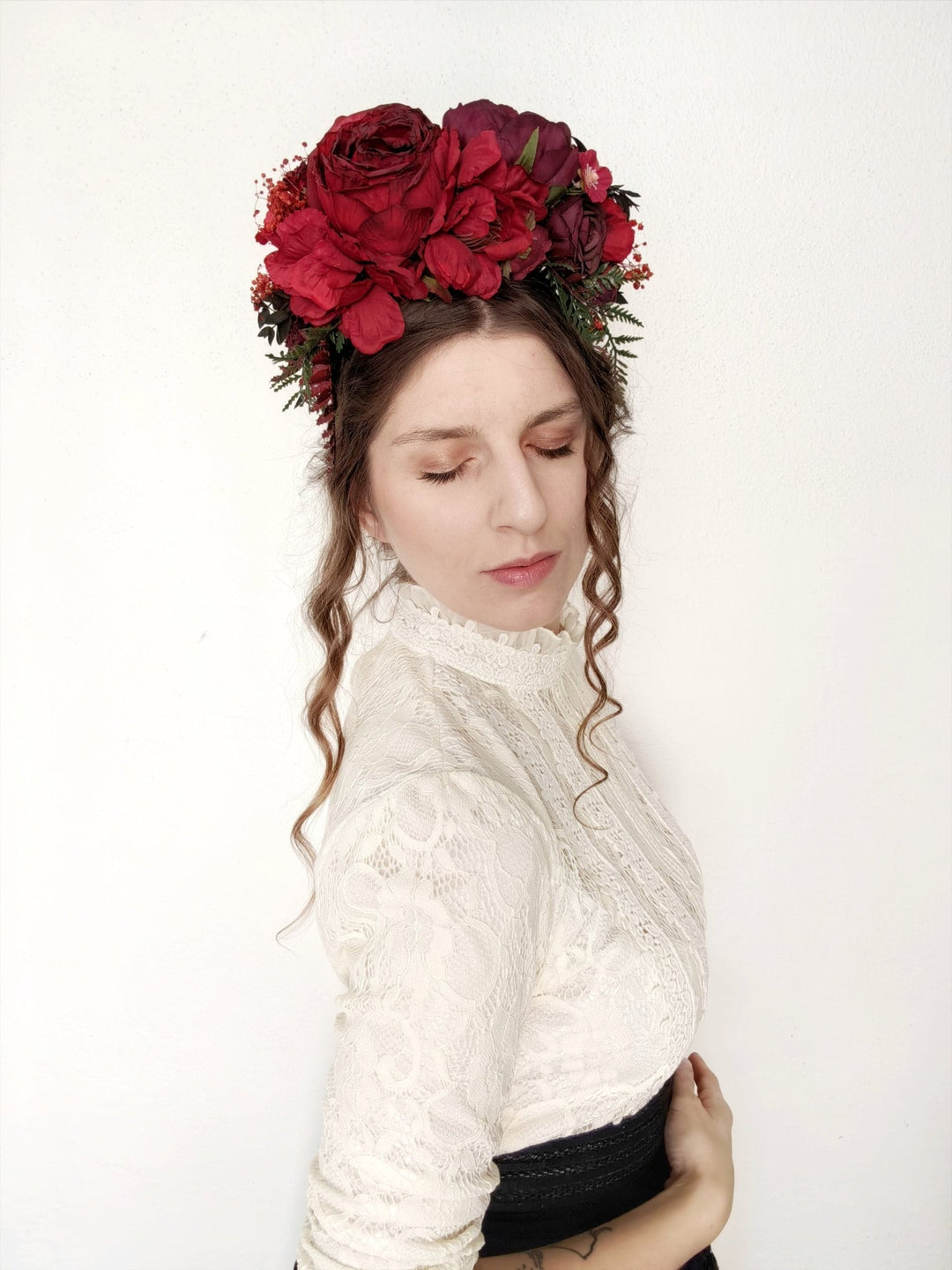 Burgundy Frida Flower Crown Headband: Autumn Wedding, Double - Sided – handmade floral hair accessory by magaela