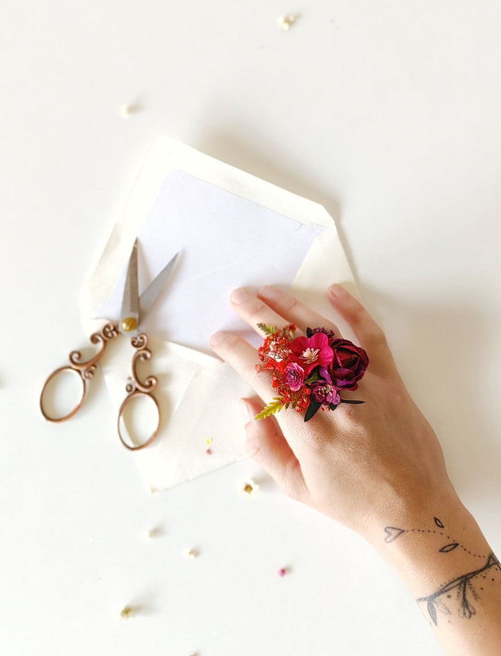 Burgundy Flower Ring: Boho Frida Style Floral Jewelry – handmade floral hair accessory by magaela