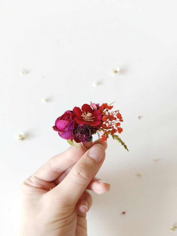 Burgundy Flower Ring: Boho Floral Jewelry, Frida Style Ring – handmade floral hair accessory by magaela