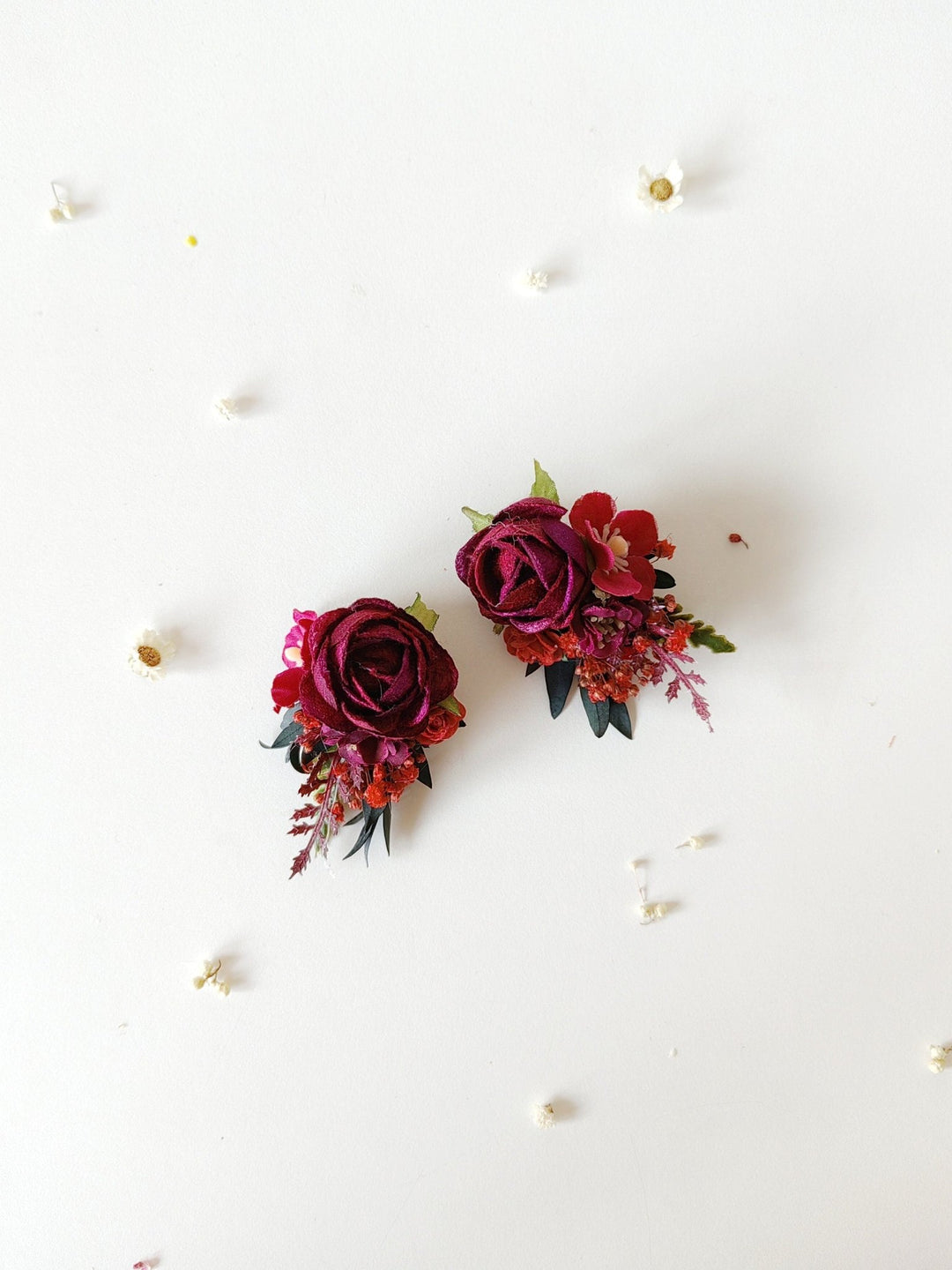 Burgundy Flower Stud Earrings: Dark Red Wedding Jewelry – handmade floral hair accessory by magaela