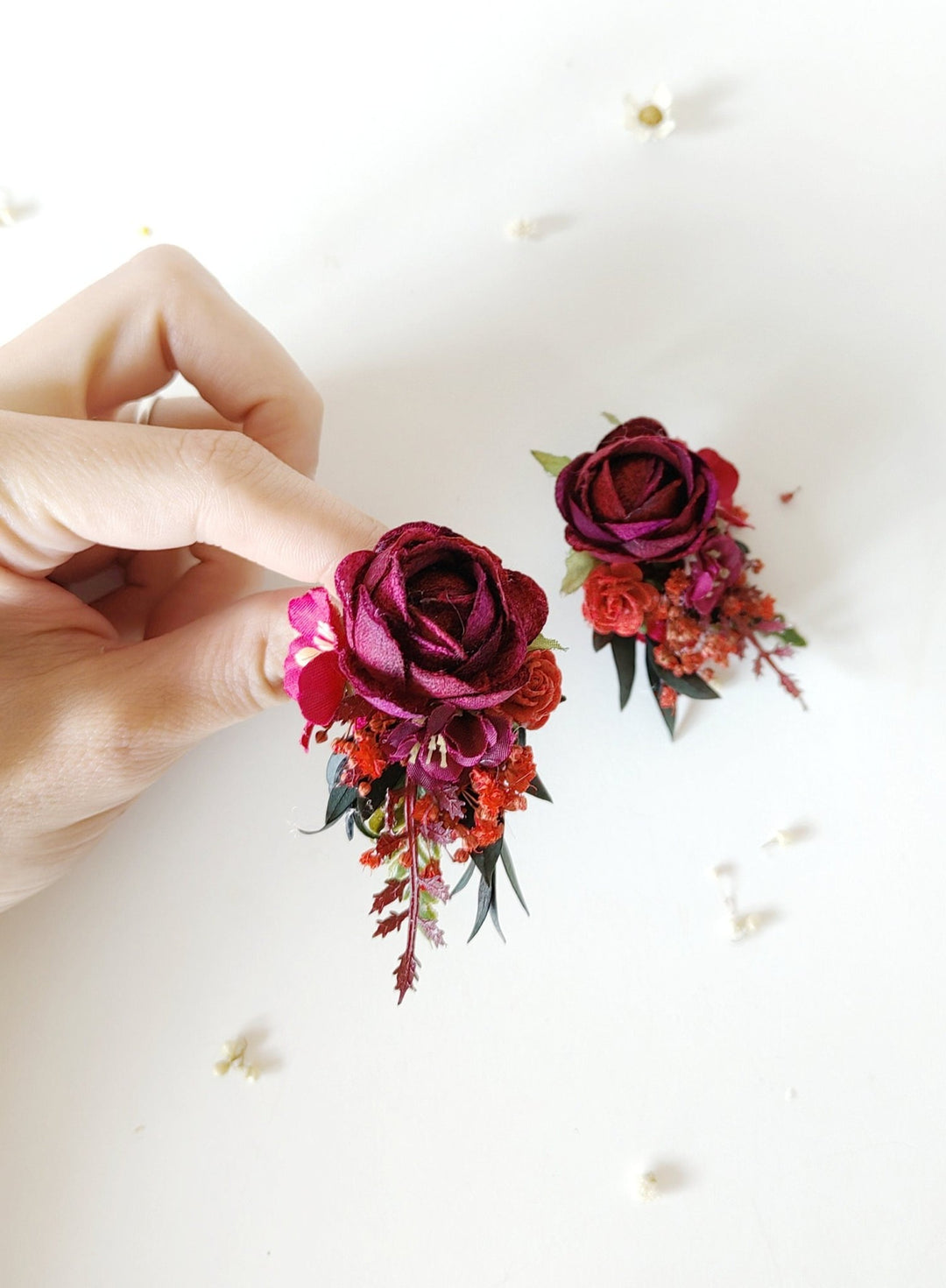 Burgundy Flower Stud Earrings: Dark Red Wedding Jewelry – handmade floral hair accessory by magaela
