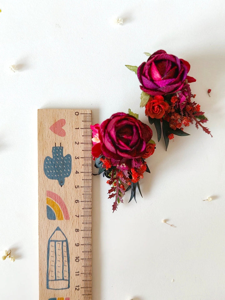 Burgundy Flower Stud Earrings: Dark Red Wedding Jewelry – handmade floral hair accessory by magaela