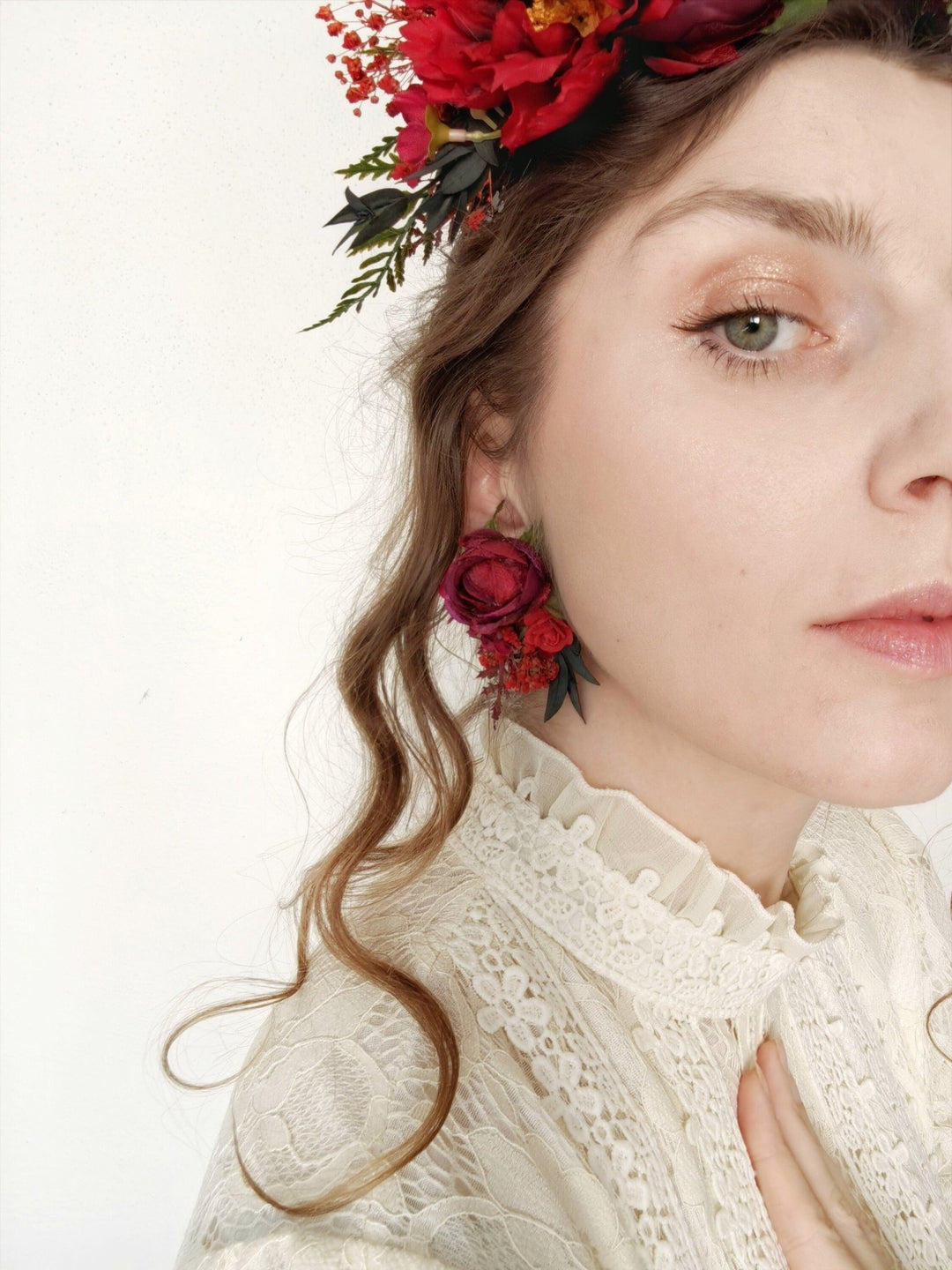 Burgundy Flower Stud Earrings: Dark Red Wedding Jewelry – handmade floral hair accessory by magaela